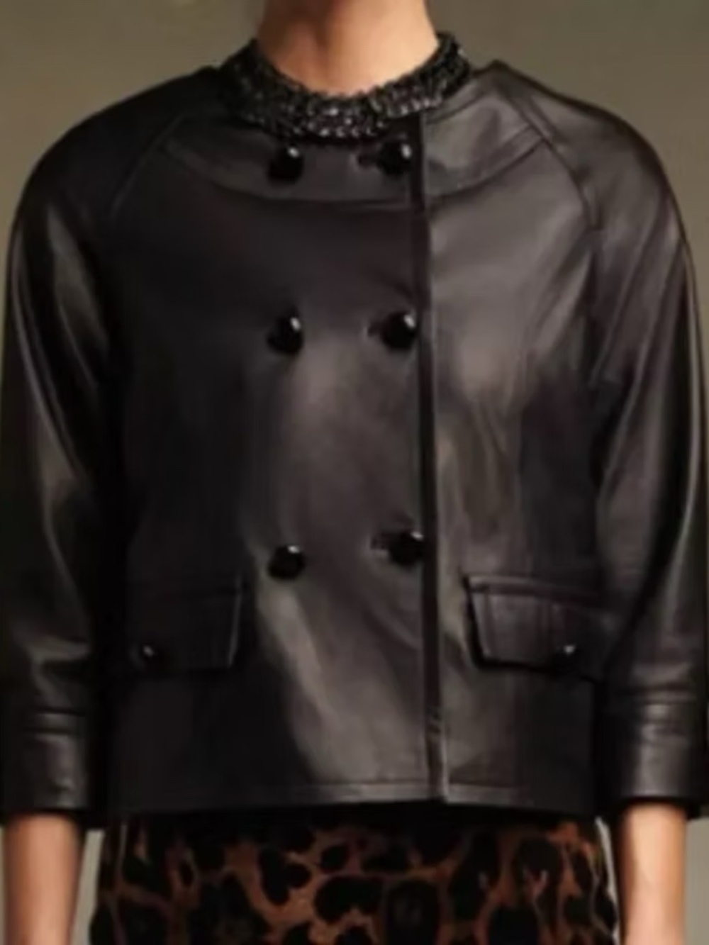 TALBOTS Women's Black Leather Double Breasted Jackie FIT Jacket 3/4 Sleeve  size